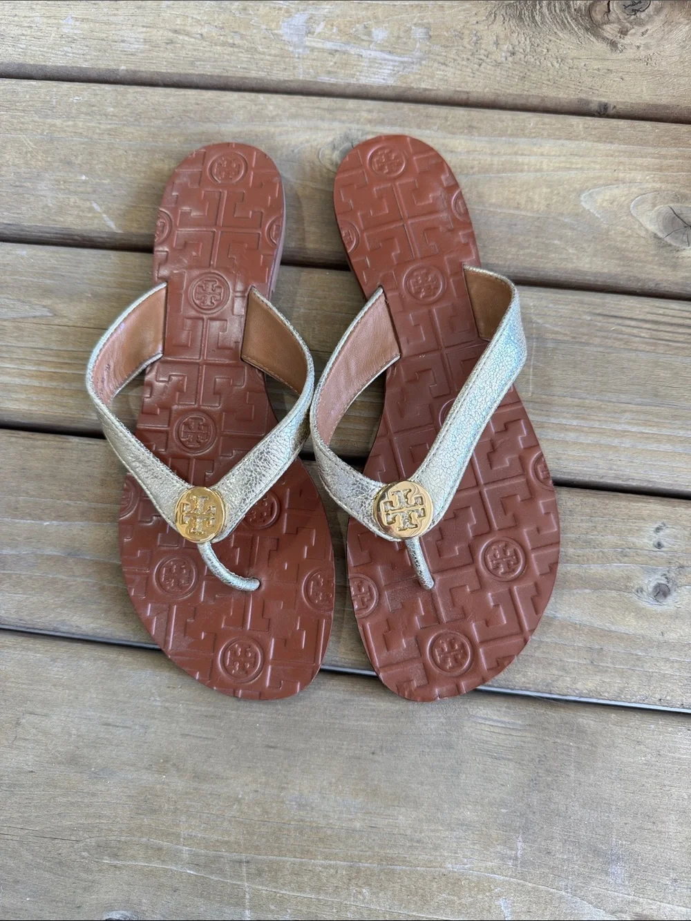 Tory Burch Metallic Gold Sandals with Brown Footbed